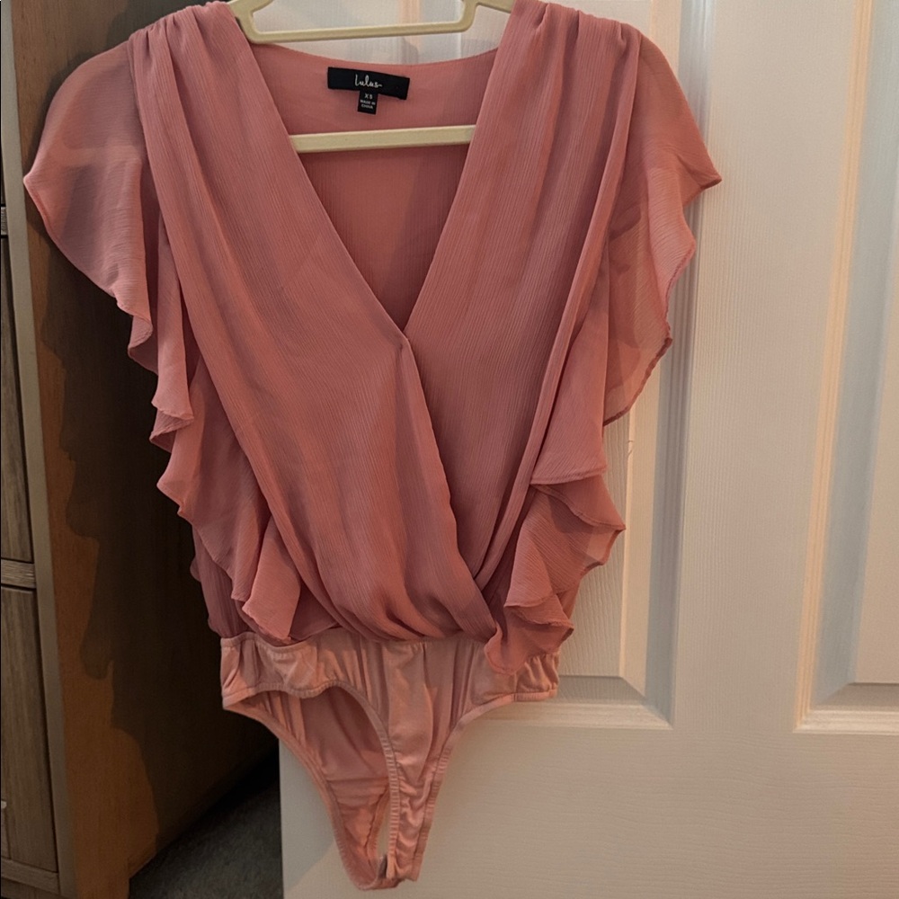 Lulus Pretty And Poised Rose Ruffled Short Sleeve Surplice Bodysuit Pink - Picture 5 of 7